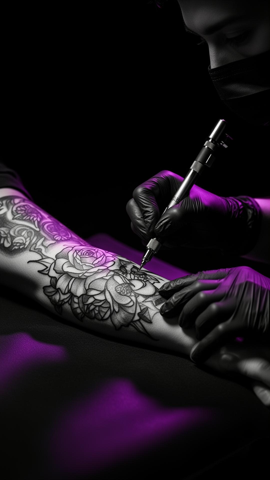 Tattoo artist working under moody studio light